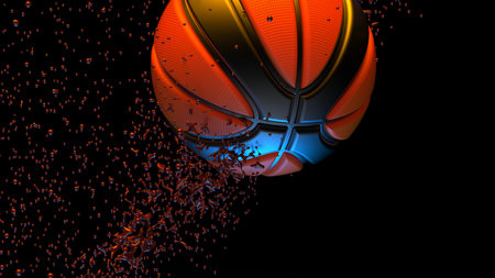 Orange-Black Basketball with Particles under Orange-Blue lighting background. 3D illustration. 3D...