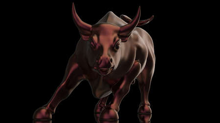 Wine red bull sculpture. Sculpted casting depicting a bull in dramatic contrasting light representing financial market trends under spot light. 3D illustration. 3D high quality rendering. 3D CG.の写真素材