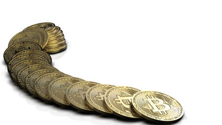 Bitcoin with white background. Physical bit coin. Digital currency. Cryptocurrency. Golden coin with...