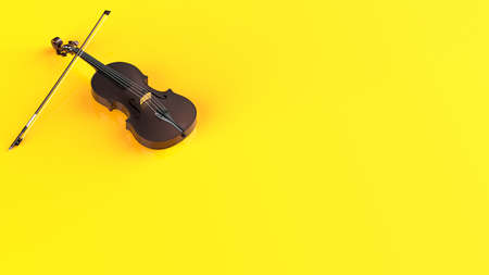 Brown classic violin on yellow plate under spot lighting background. 3D sketch design and...