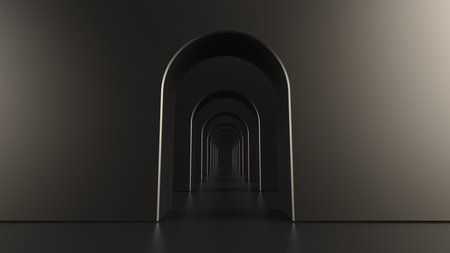 Brown arch hallway corridor abstract background minimal conceptual 3D rendering. 3Dillustration. 3D CG.の写真素材