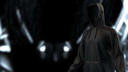 Anonymous hacker with black leather hoodie in shadow under spaceship inside background. Dangerous criminal concept image. 3D CG. 3D illustration. 3D high quality rendering.の写真素材