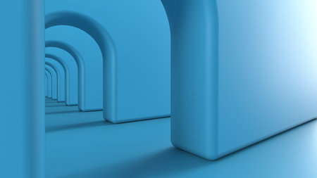 Sky blue arch hallway corridor abstract background minimal conceptual 3D rendering. 3Dillustration. 3D CG.の写真素材