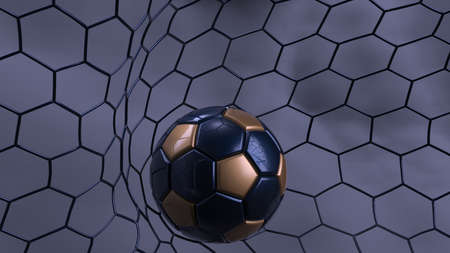 Dark Blue-Gold Soccer Ball in the Goal Net under black background with dark toned foggy smoke. 3D...