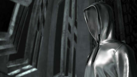 Anonymous hacker with metallic silver hoodie in shadow under spaceship inside background. Dangerous...