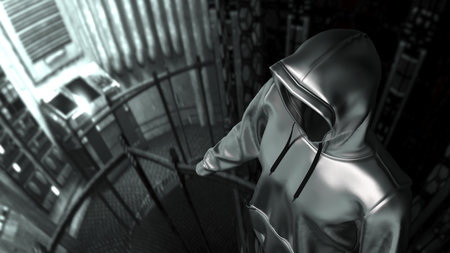 Anonymous hacker with metallic silver hoodie in shadow under spaceship inside background. Dangerous criminal concept image. 3D CG. 3D illustration. 3D high quality rendering.の写真素材