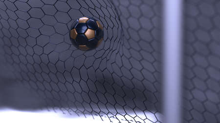 Dark Blue-Gold Soccer Ball in the Goal Net under black background with dark toned foggy smoke. 3D illustration. 3D CG. 3D Rendering. High resolution.の写真素材