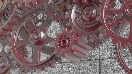 Mechanism red metallic gears and cogs at work on green plate under spot light background. Industrial...