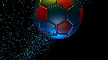 Blue-Red Soccer Ball with Particles under Orange-Blue lighting background. 3D illustration. 3D high quality rendering. 3D CG.の写真素材