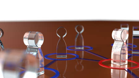 Chain of clear human figurines connected by blue lines. Cooperation and interaction between people...