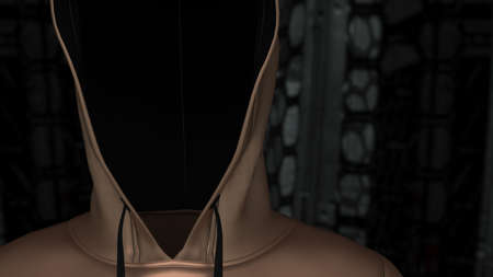 Anonymous hacker with blown leather hoodie in shadow under spaceship inside background. Dangerous criminal concept image. 3D CG. 3D illustration. 3D high quality rendering.の写真素材
