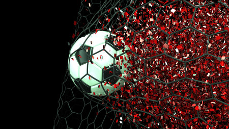 Black-White Soccer Ball in the Black Goal Net with particles under green laser lighting.の写真素材