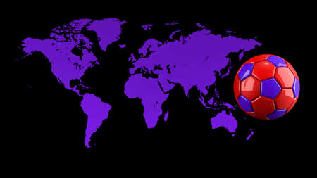 Purple World Map and Red-Purple Soccer Ball under black background. 3D illustration. 3D CG. High resolution. Format 16:9.の写真素材