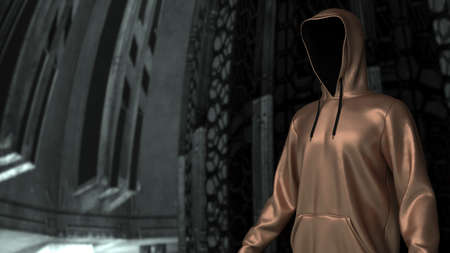 Anonymous hacker with blown leather hoodie in shadow under spaceship inside background. Dangerous...