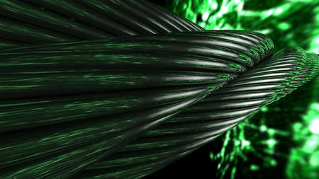 Black metallic wire rope on green thunder background. 3D illustration. 3D high quality rendering.