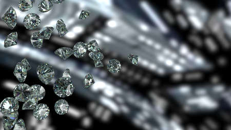 Shiny Diamonds falling on black-blue lighting under space ship background. 3D illustration. 3D CG. High resolution.の写真素材