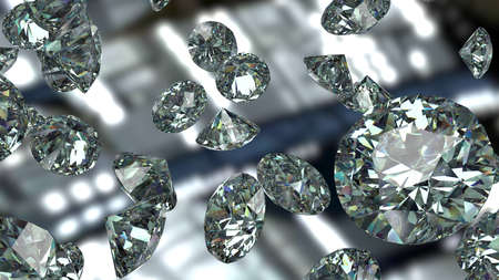 Shiny Diamonds falling on black-blue lighting under space ship background. 3D illustration. 3D CG....