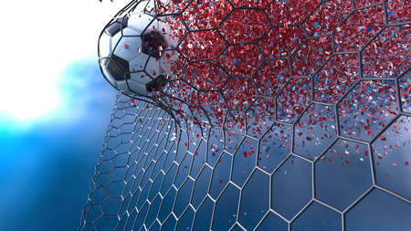 Black-White Soccer Ball in the Black Goal Net with red particles under blue sky lighting. 3D...