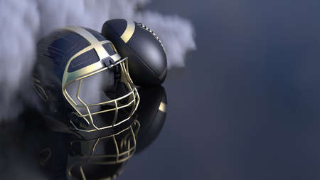 American football Gold-Black helmet and Gold-Black Ball with dark black toned foggy smoke under blue sky lighting. 3D illustration. 3D high quality rendering.の写真素材