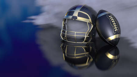 American football Gold-Black helmet and Gold-Black Ball with dark black toned foggy smoke under blue sky lighting. 3D illustration. 3D high quality rendering.の写真素材