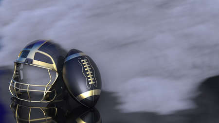 American football Gold-Black helmet and Gold-Black Ball with dark black toned foggy smoke under blue...