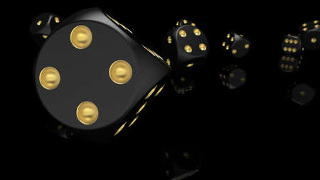 Rolling black-gold dices under black-white flash background. 3D CG. 3D illustration. 3D high quality rendering.の写真素材