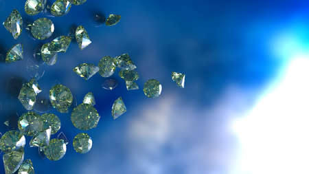 Shiny Yellow Diamonds falling on blue sky  lighting. 3D illustration. 3D CG. 3D high quality rendering.の写真素材