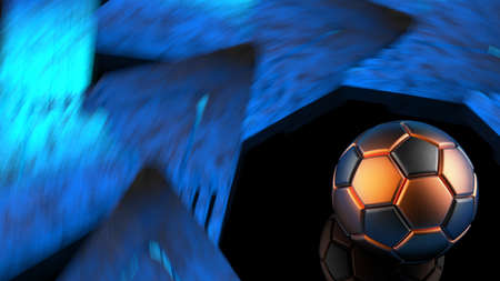 Orange-Black Soccer Ball and Rotating Hot Iron Blue Star Abstract. 3D illustration. 3D CG. High...