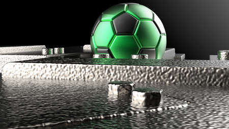 Black-Green Soccer ball on Silver Mechanical Titanium Plates. 3D illustration. 3D CG. High resolution.の写真素材