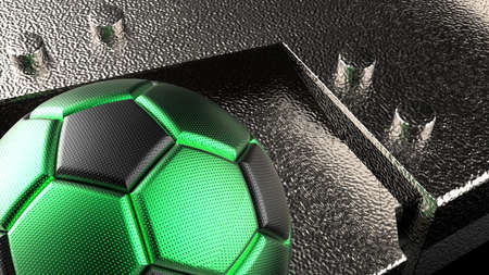 Black-Green Soccer ball on Silver Mechanical Titanium Plates. 3D illustration. 3D CG. High...