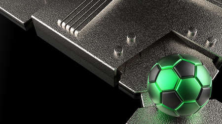Black-Green Soccer ball on Silver Mechanical Titanium Plates. 3D illustration. 3D CG. High resolution.の写真素材