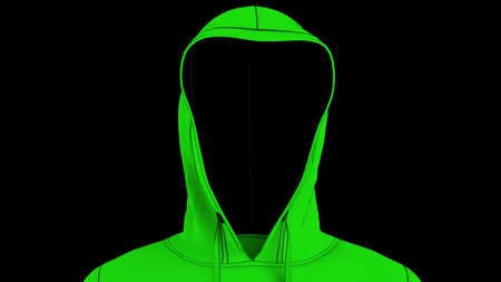 Anonymous hacker with green tone color hoodie in shadow under spot lighting background. Dangerous criminal concept image. 3D CG. 3D illustration. 3D high quality rendering.の写真素材