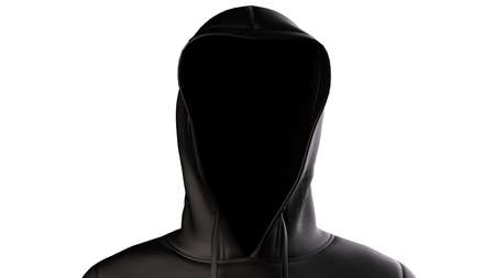 Anonymous hacker with black toon color hoodie in shadow under white lighting background. Dangerous criminal concept image. 3D CG. 3D illustration. 3D high quality rendering.の写真素材