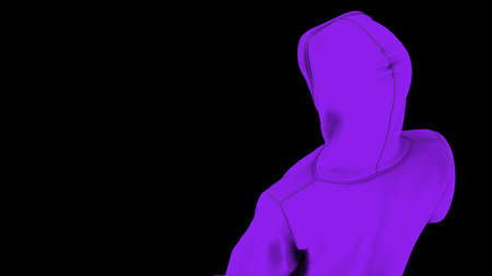 Anonymous hacker with purple toon color hoodie in shadow under spot lighting background. Dangerous criminal concept image. 3D CG. 3D illustration. 3D high quality rendering.の写真素材