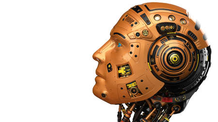 Detailed appearance of the Metallic Orange AI robot under white background. 3D illustration. 3D high quality rendering. 3D CG.の写真素材