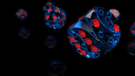 Rolling red-clear blue dices under black background. Concept image of casino, stock trading and establishment, etc. 3D CG. 3D illustration. 3D high quality rendering.の写真素材