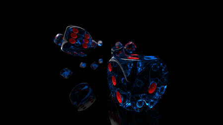 Rolling red-clear blue dices under black background. Concept image of casino, stock trading and...