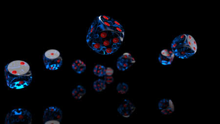Rolling red-clear blue dices under black background. Concept image of casino, stock trading and establishment, etc. 3D CG. 3D illustration. 3D high quality rendering.の写真素材