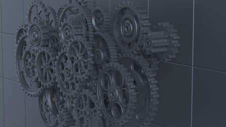 Mechanism black metallic gears and cogs at work on blue plate under spot light background....