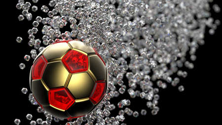 Clear Red-Gold Soccer Ball with Diamond Particles under black background. 3D illustration. 3D high quality rendering. 3D CG.の写真素材