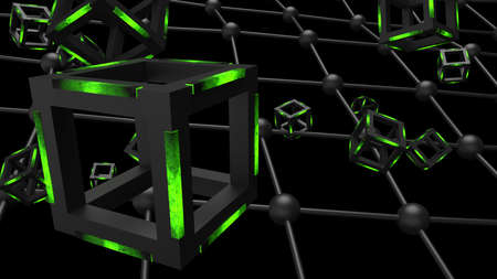 Green illuminated Hot Iron Black Cube with Atom Plane Structure under Black Background. Block-chain network technology concept illustration. 3D illustration. 3D CG. 3D high quality rendering.の写真素材