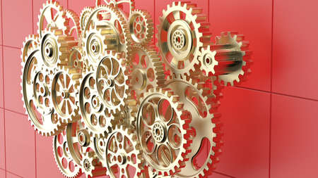 Mechanism gold metallic gears and cogs at work on red plate under spot light background. Industrial machinery. 3D illustration. 3D high quality rendering. 3D CG.の写真素材