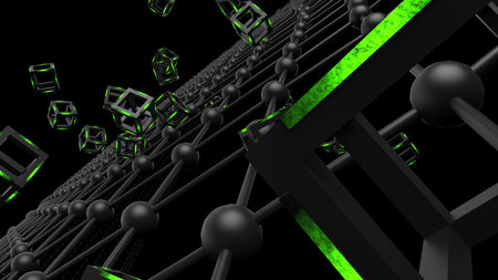 Green illuminated Hot Iron Black Cube with Atom Plane Structure under Black Background. Block-chain...