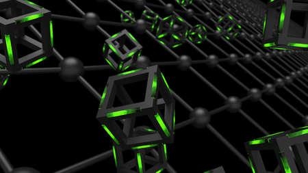 Green illuminated Hot Iron Black Cube with Atom Plane Structure under Black Background. Block-chain network technology concept illustration. 3D illustration. 3D CG. 3D high quality rendering.の写真素材