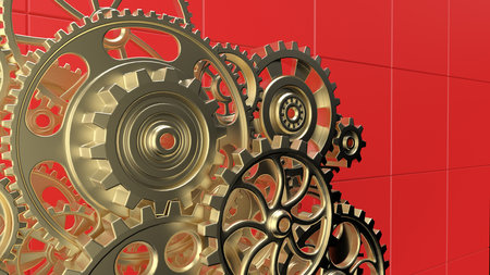 Mechanism gold metallic gears and cogs at work on red plate under spot light background. Industrial machinery. 3D illustration. 3D high quality rendering. 3D CG.の写真素材