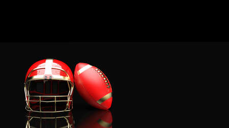 American football Gold-Red helmet and Gold-Red Ball under black laser lighting. 3D illustration. 3D CG. 3D high quality rendering.の写真素材