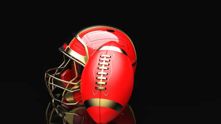 American football Gold-Red helmet and Gold-Red Ball under black laser lighting. 3D illustration. 3D CG. 3D high quality rendering.の写真素材