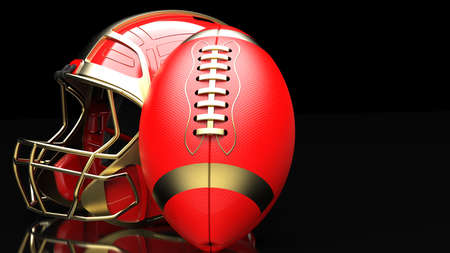 American football Gold-Red helmet and Gold-Red Ball under black laser lighting. 3D illustration. 3D CG. 3D high quality rendering.の写真素材