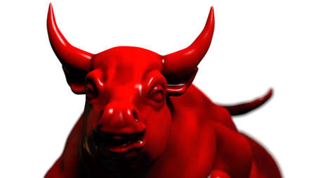 Red painted bull sculpture. Sculpted casting depicting a bull in dramatic contrasting light representing financial market trends under white background. 3D illustration. 3D high quality rendering.の写真素材