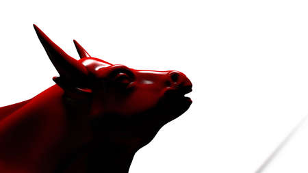 Red painted bull sculpture. Sculpted casting depicting a bull in dramatic contrasting light representing financial market trends under white background. 3D illustration. 3D high quality rendering.の写真素材